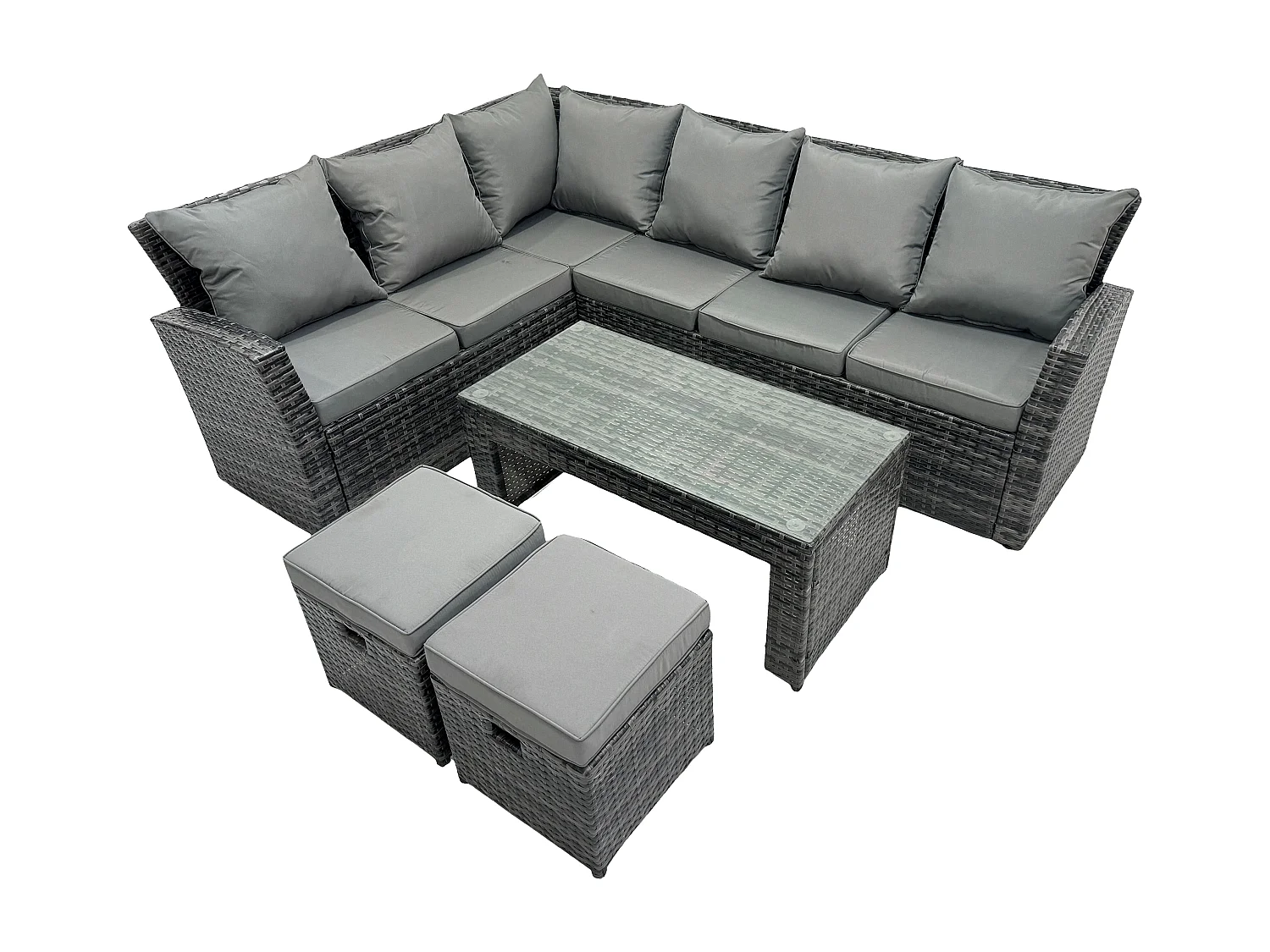 8 Seat Outdoor Gartenmöbel-Set Ecksofa Set Terrassen Sofa Tisch Set mit 2 kleine Fußhockern Dunkelgrau gemischt