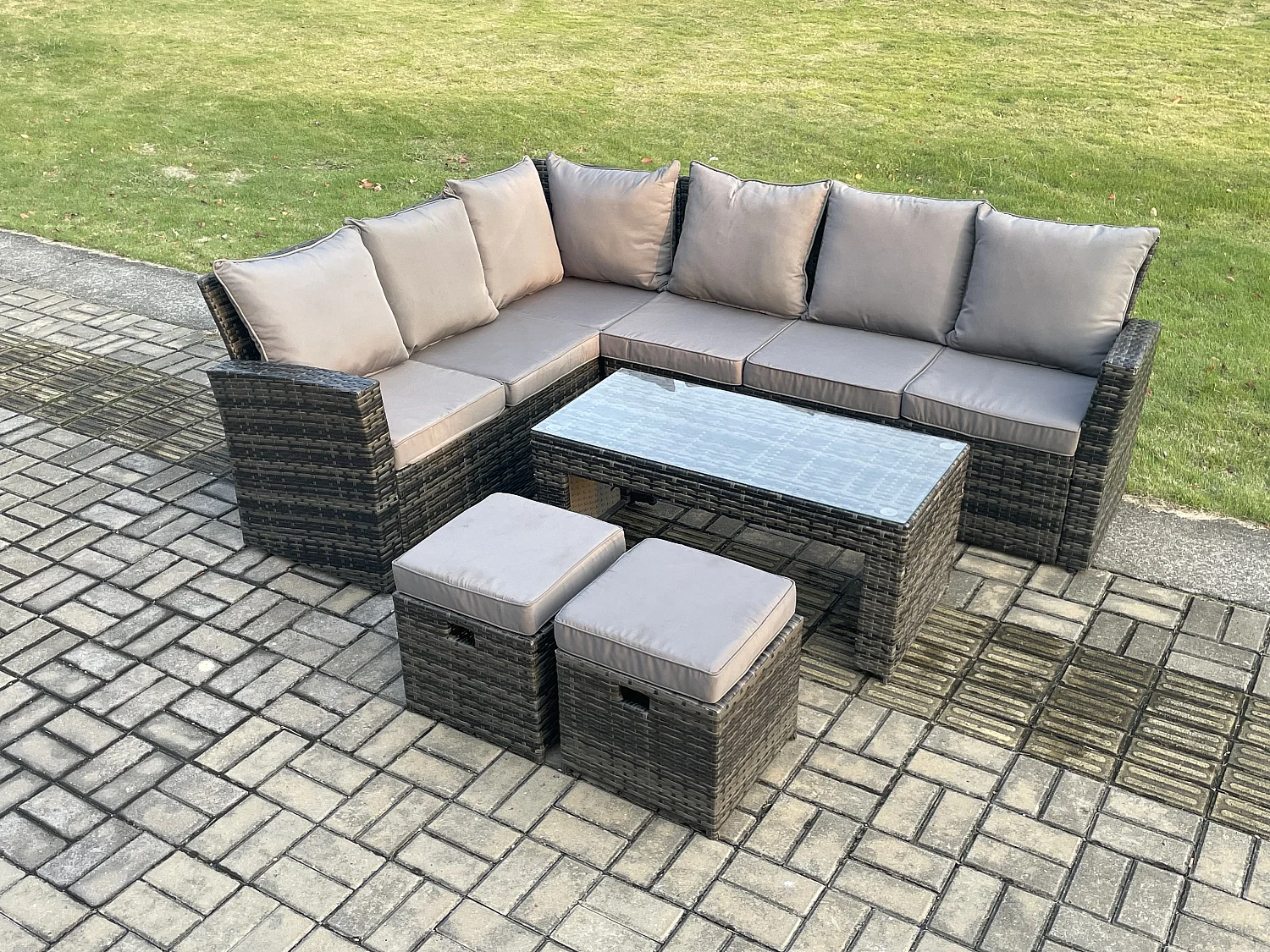8 Seat Outdoor Gartenmöbel-Set Ecksofa Set Terrassen Sofa Tisch Set mit 2 kleine Fußhockern Dunkelgrau gemischt
