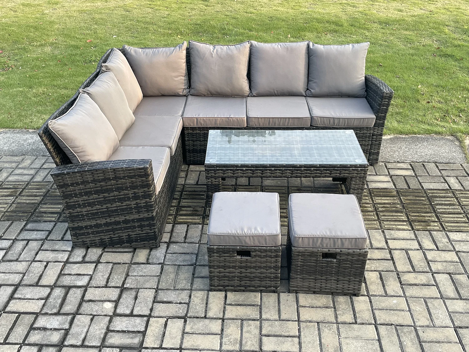 8 Seat Outdoor Gartenmöbel-Set Ecksofa Set Terrassen Sofa Tisch Set mit 2 kleine Fußhockern Dunkelgrau gemischt