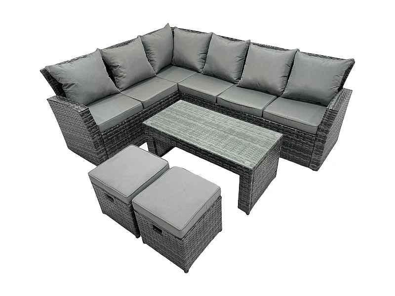 8 Seat Outdoor Gartenmöbel-Set Ecksofa Set Terrassen Sofa Tisch Set mit 2 kleine Fußhockern Dunkelgrau gemischt