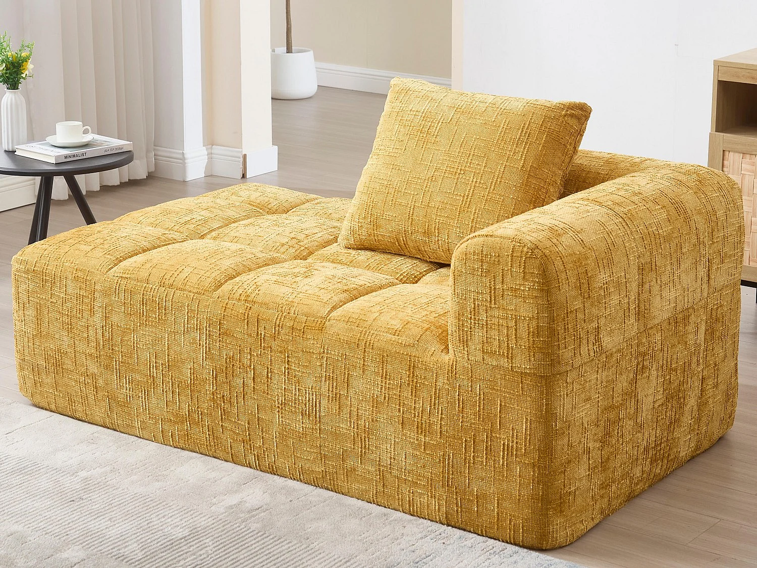 Canapé d'angle 1 places en chenille -  module d'angle - jaune - avec poche de rangement latérale - Parfait pour Salon et Studio