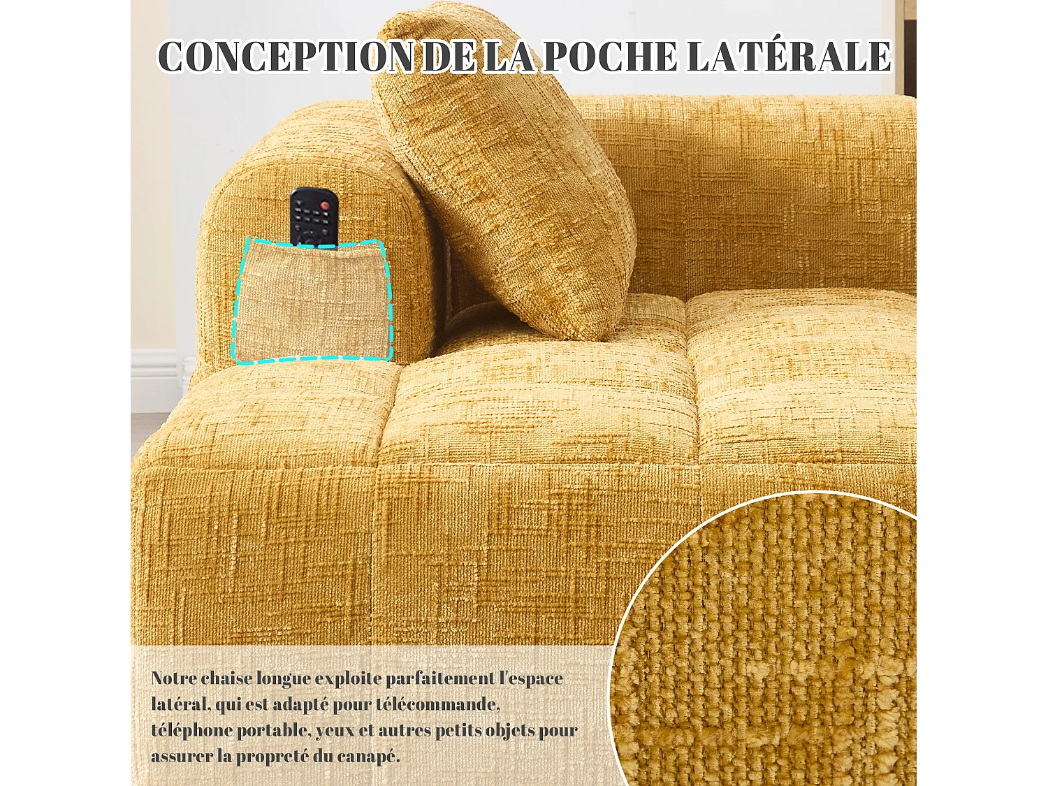 Canapé d'angle 1 places en chenille -  module d'angle - jaune - avec poche de rangement latérale - Parfait pour Salon et Studio