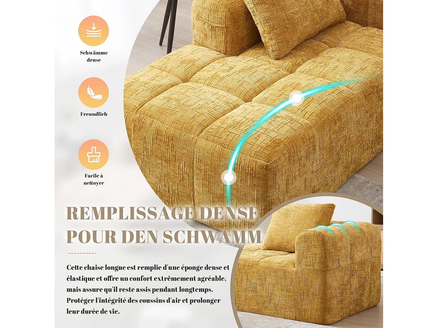 Canapé d'angle 1 places en chenille -  module d'angle - jaune - avec poche de rangement latérale - Parfait pour Salon et Studio