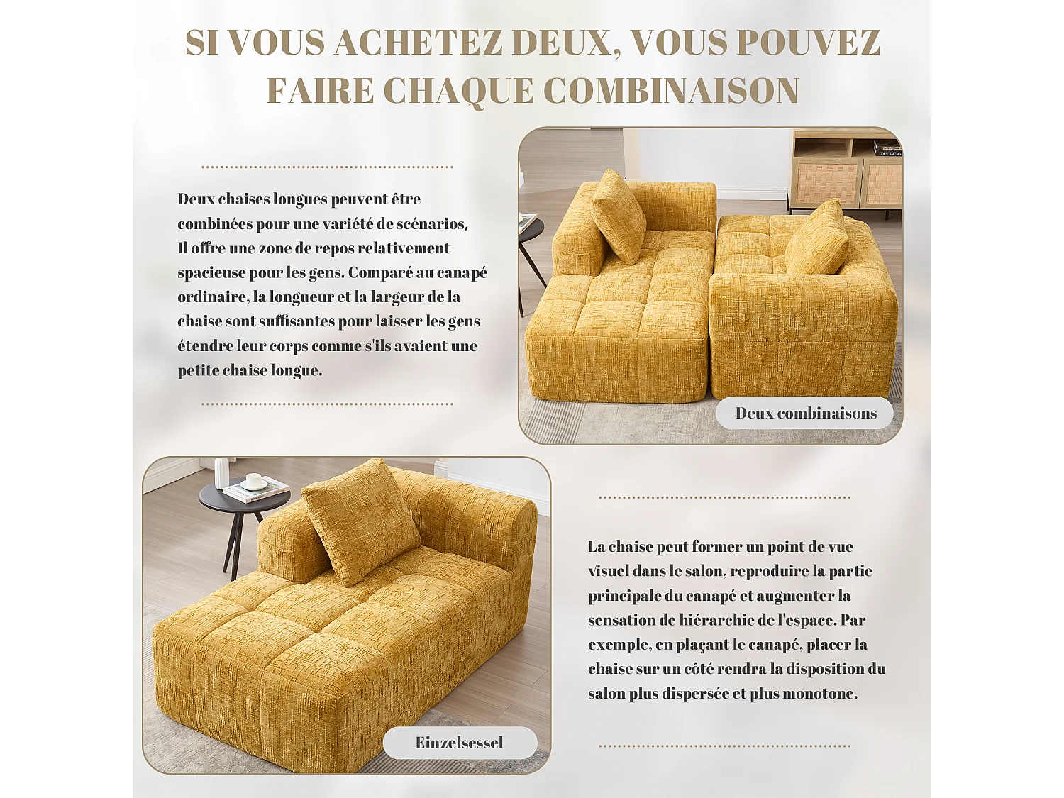 Canapé d'angle 1 places en chenille -  module d'angle - jaune - avec poche de rangement latérale - Parfait pour Salon et Studio