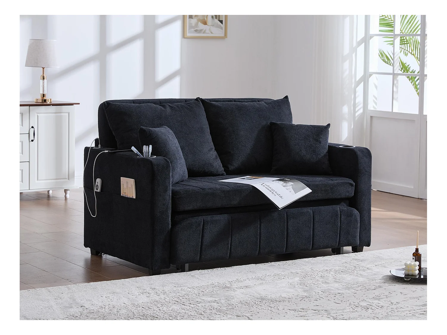 Canapé convertible 2 places en chenille noir - Canapé-lit avec accoudoirs porte-gobelets - port USB intégré - Idéal pour petit espace ou bureau