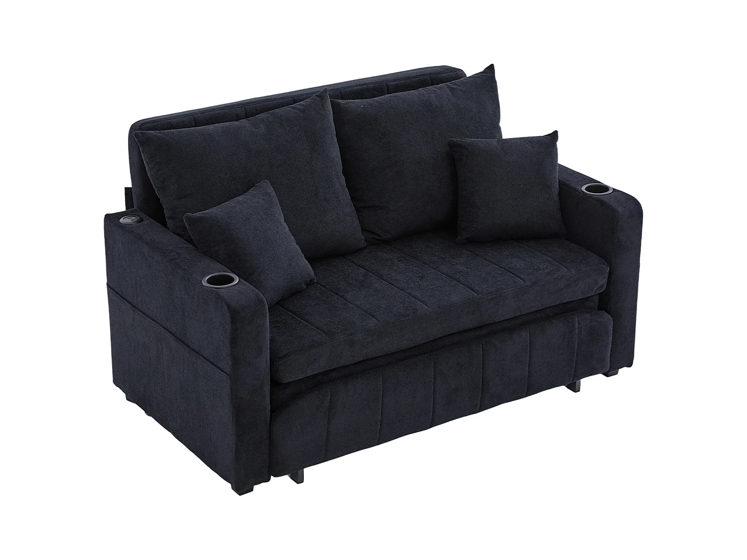 Canapé convertible 2 places en chenille noir - Canapé-lit avec accoudoirs porte-gobelets - port USB intégré - Idéal pour petit espace ou bureau