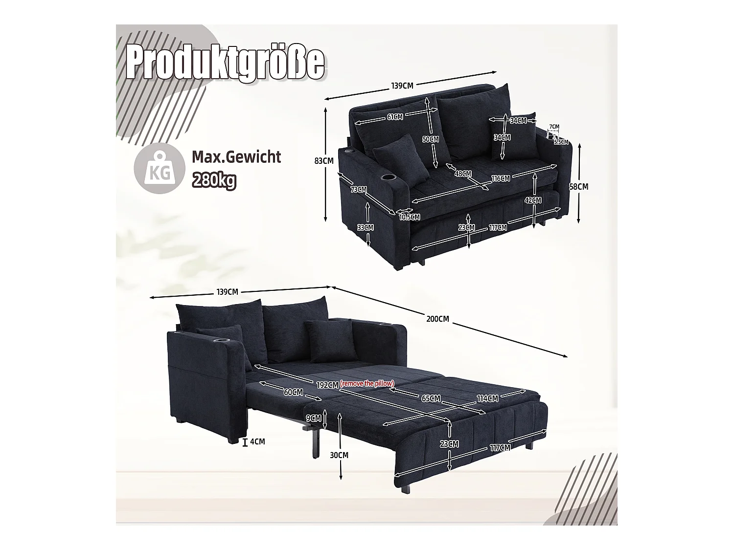 Canapé convertible 2 places en chenille noir - Canapé-lit avec accoudoirs porte-gobelets - port USB intégré - Idéal pour petit espace ou bureau