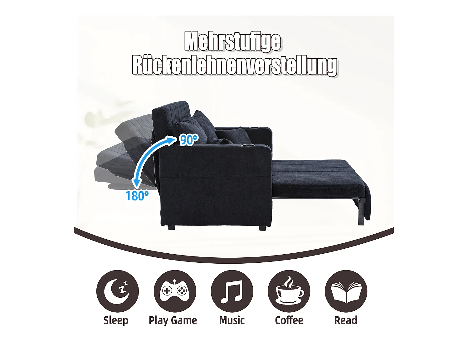 Canapé convertible 2 places en chenille noir - Canapé-lit avec accoudoirs porte-gobelets - port USB intégré - Idéal pour petit espace ou bureau