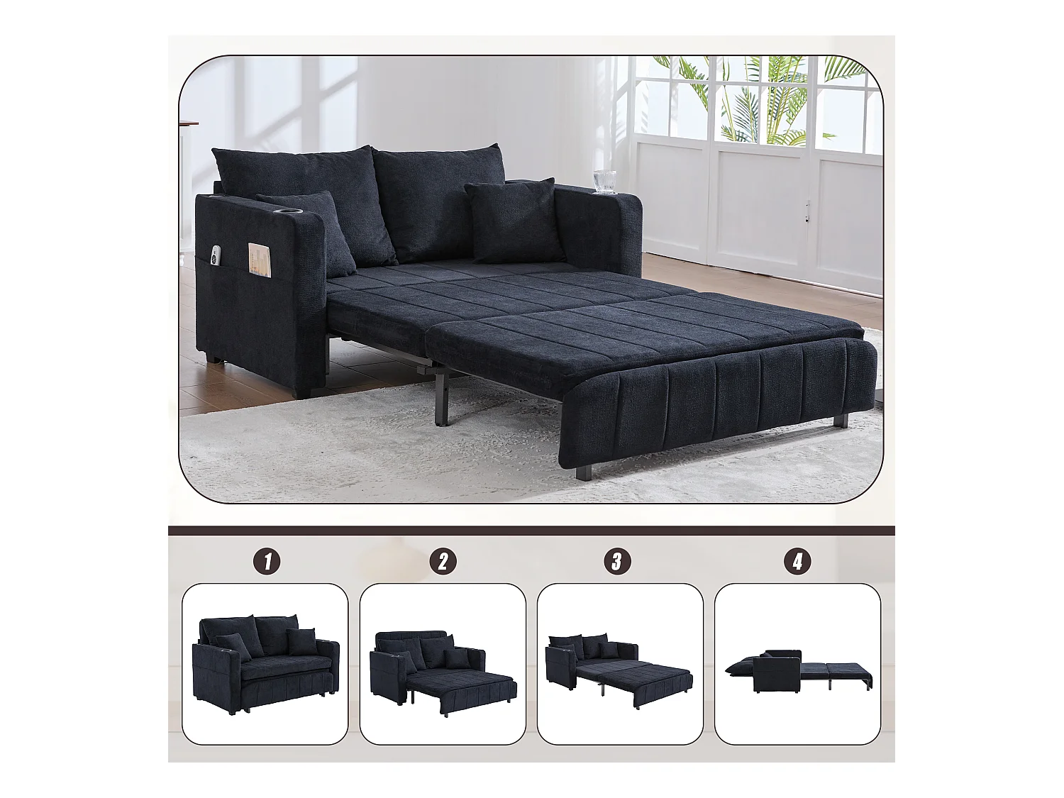 Canapé convertible 2 places en chenille noir - Canapé-lit avec accoudoirs porte-gobelets - port USB intégré - Idéal pour petit espace ou bureau