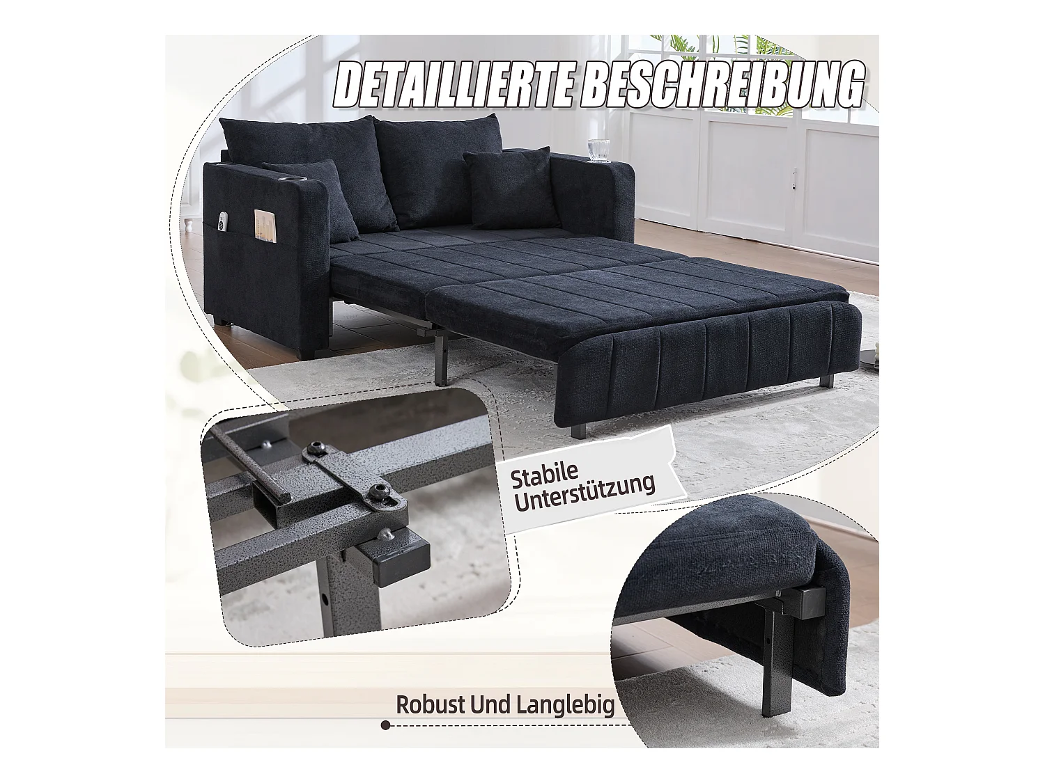 Canapé convertible 2 places en chenille noir - Canapé-lit avec accoudoirs porte-gobelets - port USB intégré - Idéal pour petit espace ou bureau