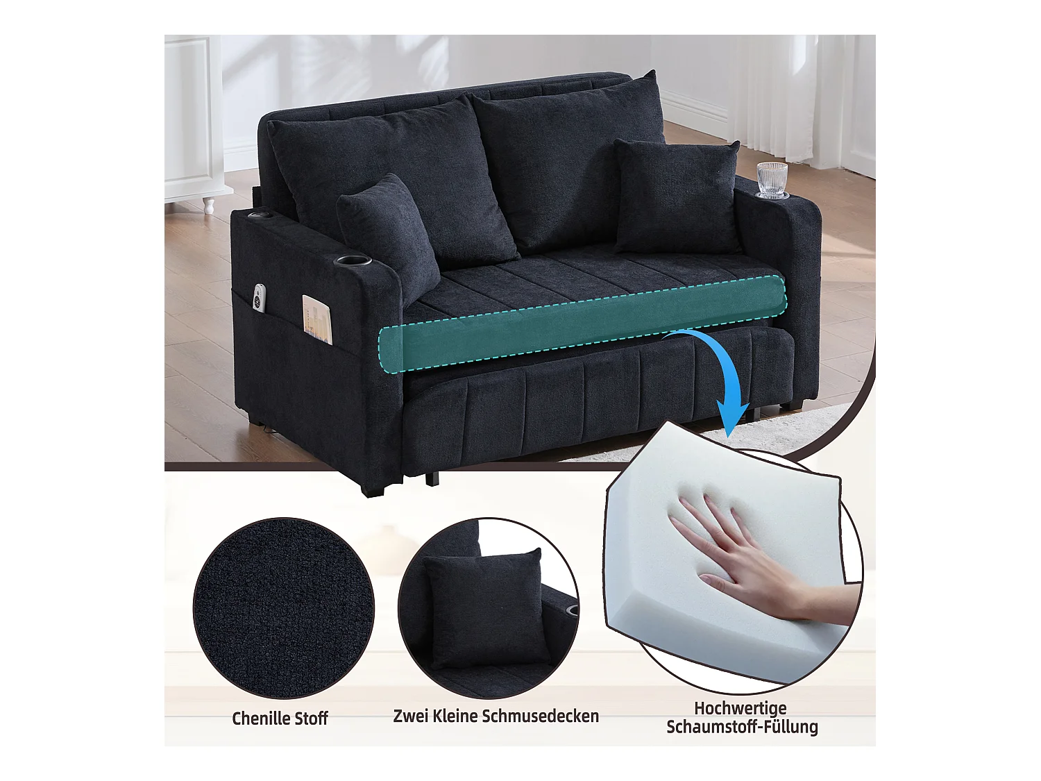 Canapé convertible 2 places en chenille noir - Canapé-lit avec accoudoirs porte-gobelets - port USB intégré - Idéal pour petit espace ou bureau