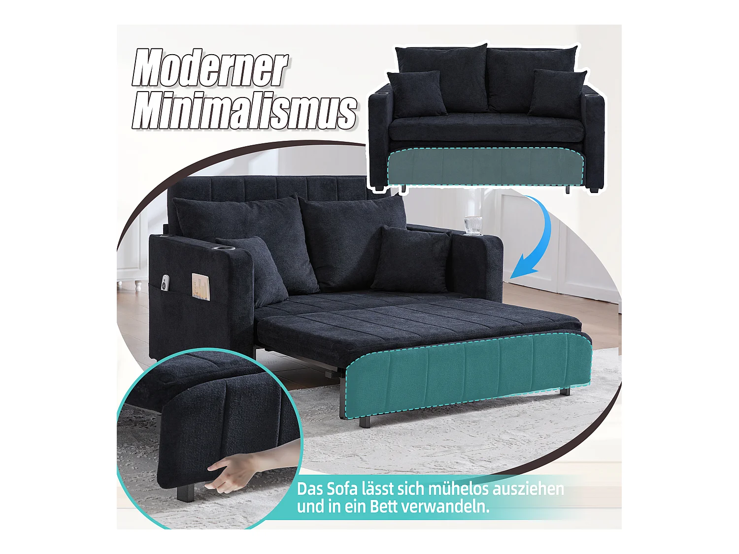 Canapé convertible 2 places en chenille noir - Canapé-lit avec accoudoirs porte-gobelets - port USB intégré - Idéal pour petit espace ou bureau