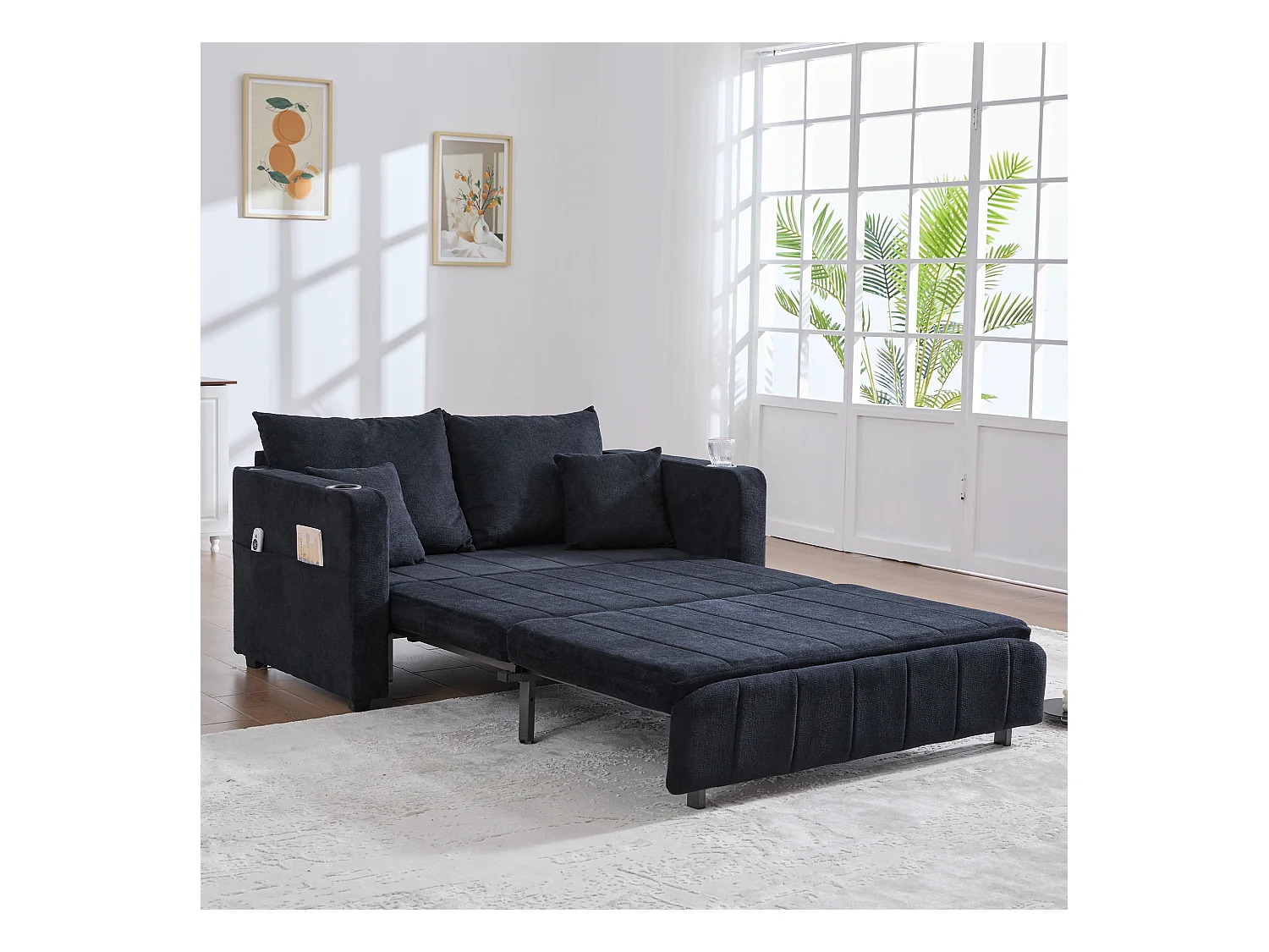 Canapé convertible 2 places en chenille noir - Canapé-lit avec accoudoirs porte-gobelets - port USB intégré - Idéal pour petit espace ou bureau