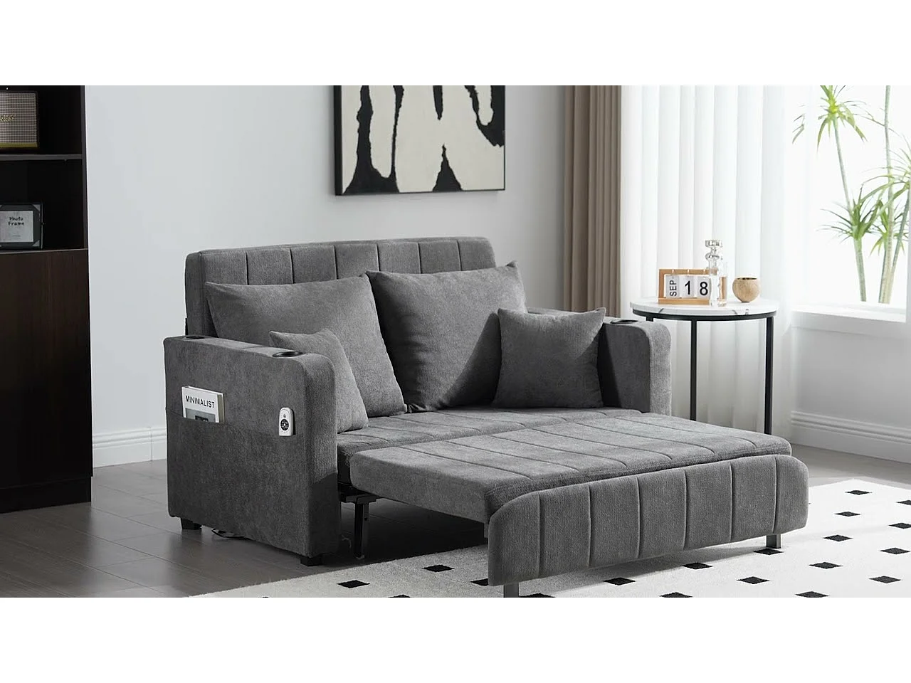 Canapé convertible 2 places en chenille noir - Canapé-lit avec accoudoirs porte-gobelets - port USB intégré - Idéal pour petit espace ou bureau