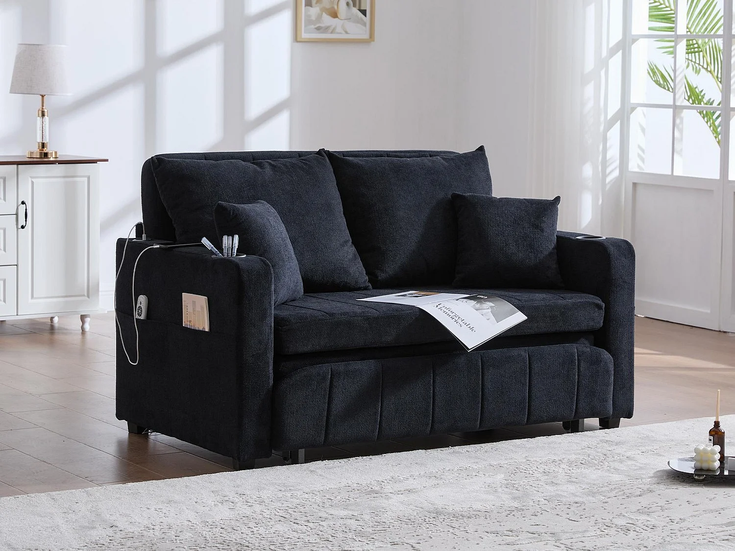 Canapé convertible 2 places en chenille noir - Canapé-lit avec accoudoirs porte-gobelets - port USB intégré - Idéal pour petit espace ou bureau