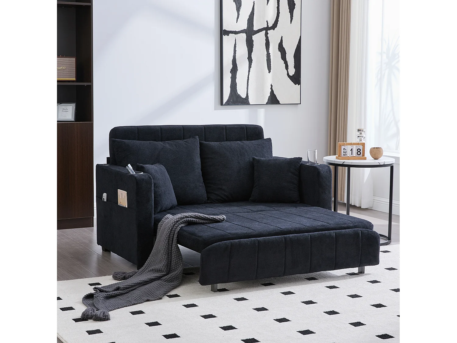 Canapé convertible 2 places en chenille noir - Canapé-lit avec accoudoirs porte-gobelets - port USB intégré - Idéal pour petit espace ou bureau