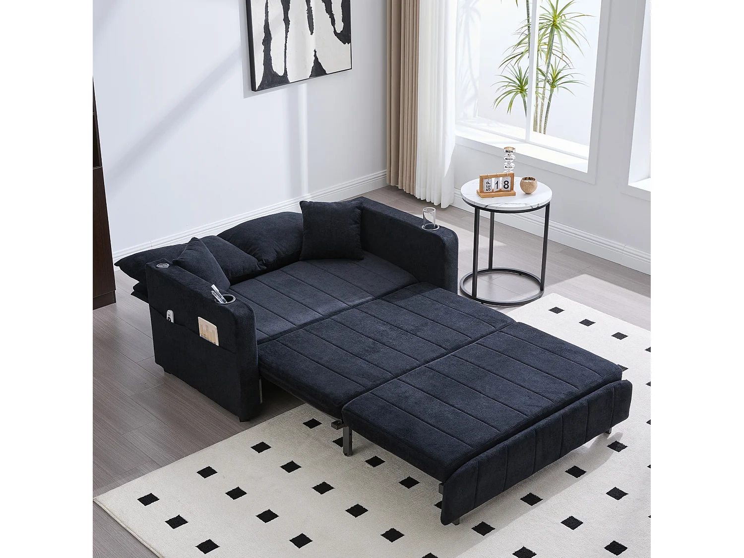Canapé convertible 2 places en chenille noir - Canapé-lit avec accoudoirs porte-gobelets - port USB intégré - Idéal pour petit espace ou bureau