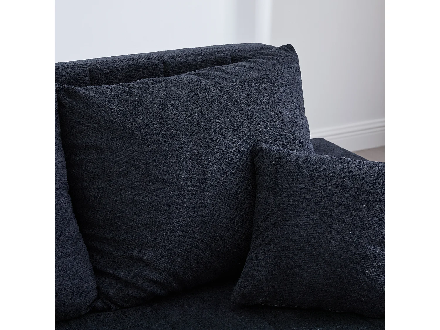 Canapé convertible 2 places en chenille noir - Canapé-lit avec accoudoirs porte-gobelets - port USB intégré - Idéal pour petit espace ou bureau