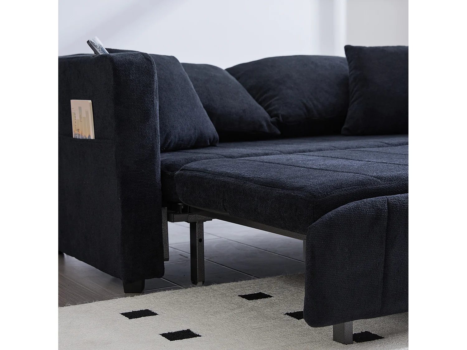 Canapé convertible 2 places en chenille noir - Canapé-lit avec accoudoirs porte-gobelets - port USB intégré - Idéal pour petit espace ou bureau