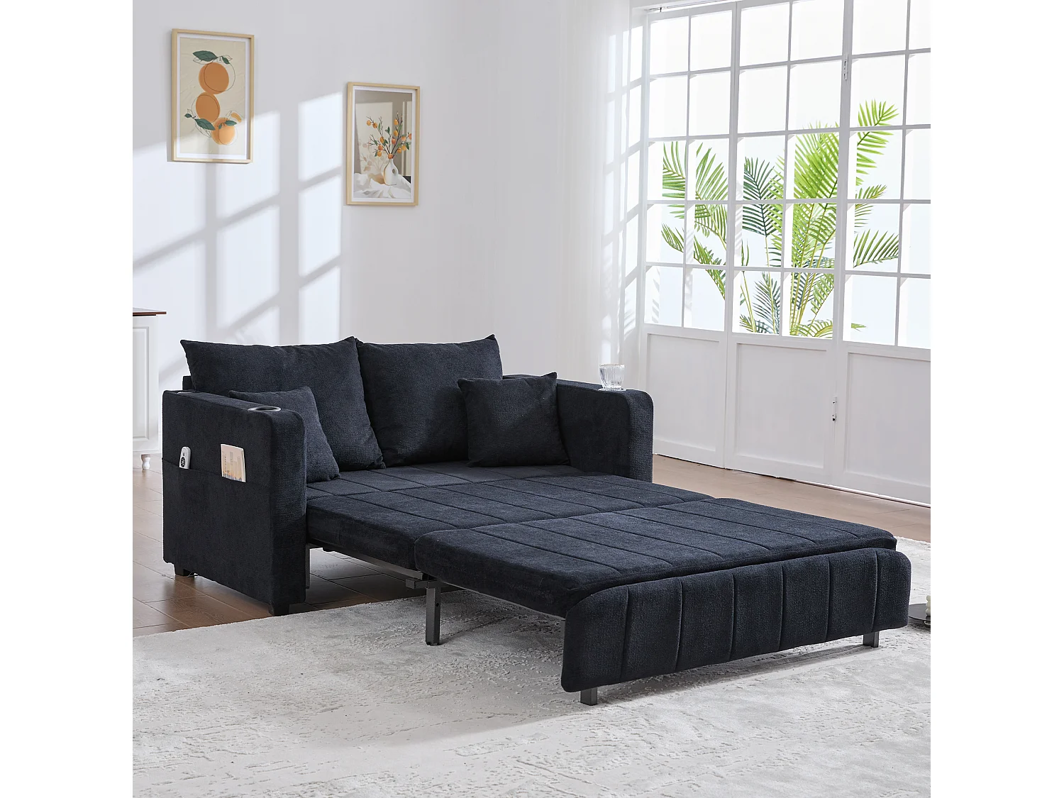 Canapé convertible 2 places en chenille noir - Canapé-lit avec accoudoirs porte-gobelets - port USB intégré - Idéal pour petit espace ou bureau