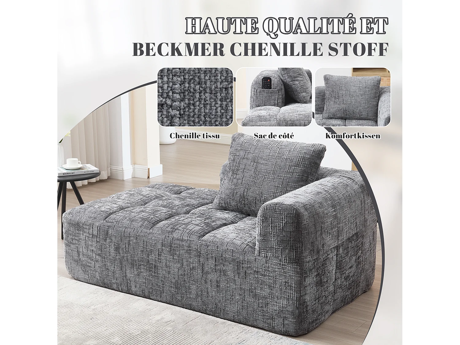 Canapé d'angle 1 places en chenille -  module d'angle - gris - avec poche de rangement latérale - Parfait pour Salon et Studio