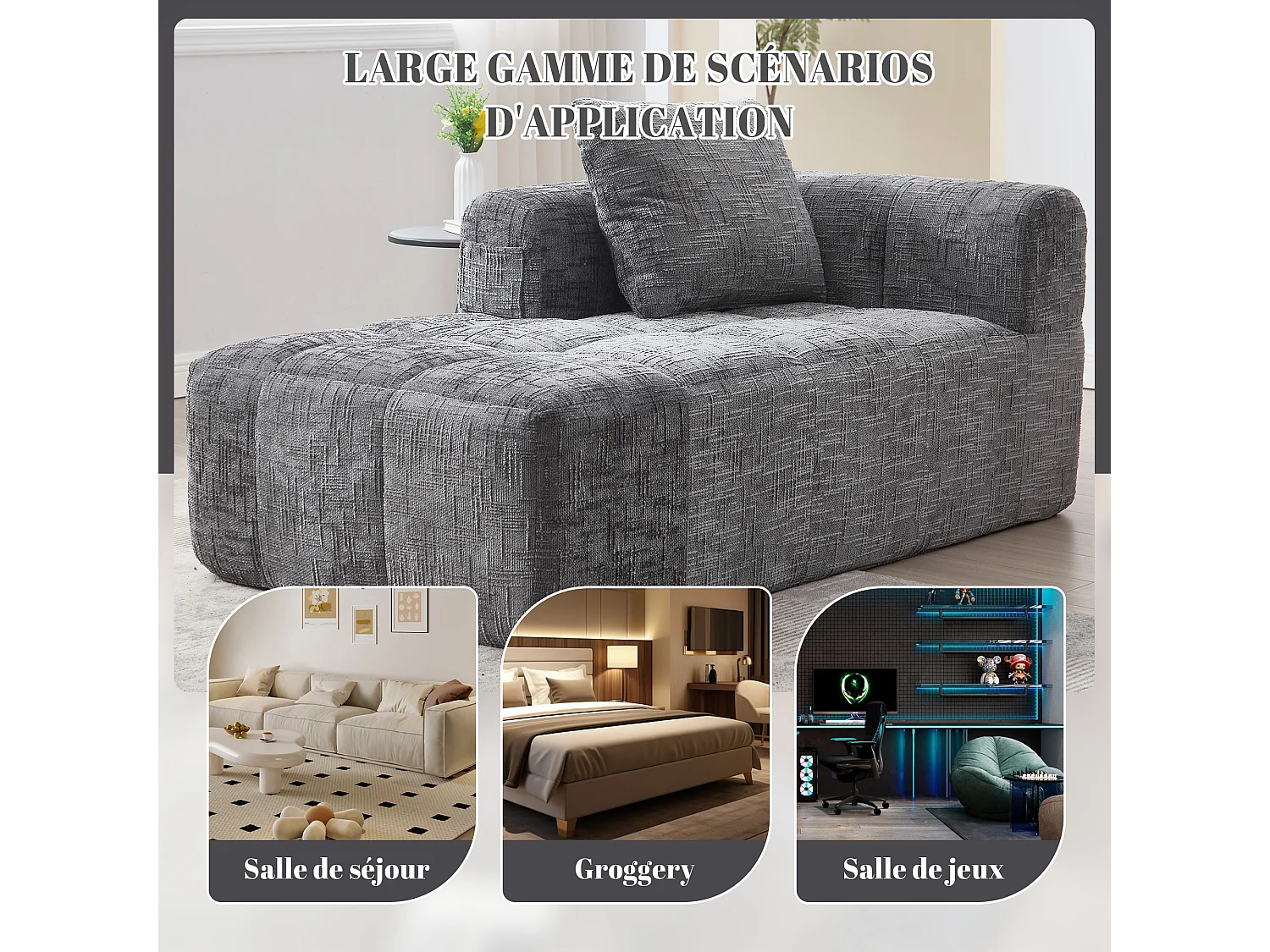 Canapé d'angle 1 places en chenille -  module d'angle - gris - avec poche de rangement latérale - Parfait pour Salon et Studio