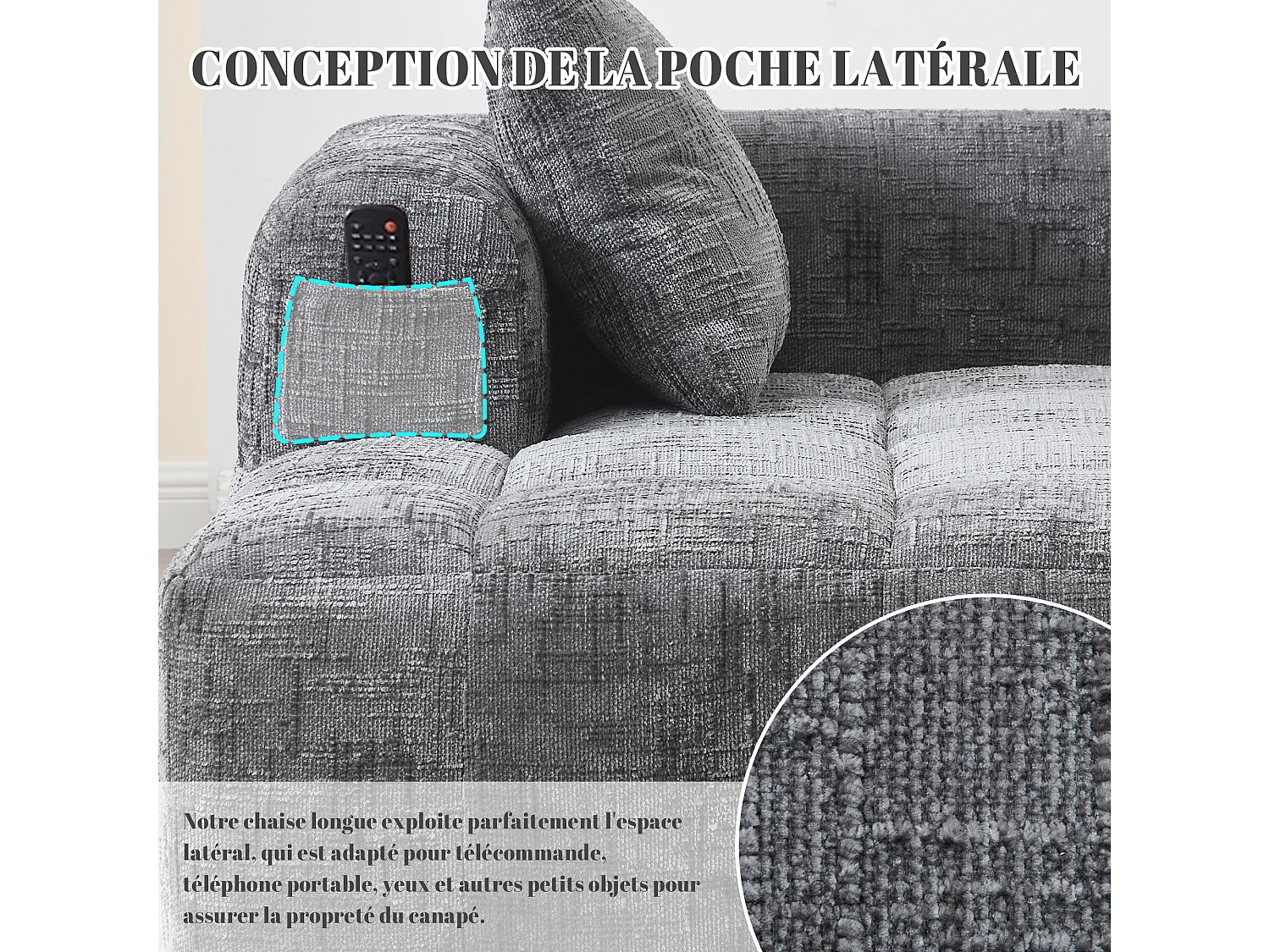 Canapé d'angle 1 places en chenille -  module d'angle - gris - avec poche de rangement latérale - Parfait pour Salon et Studio