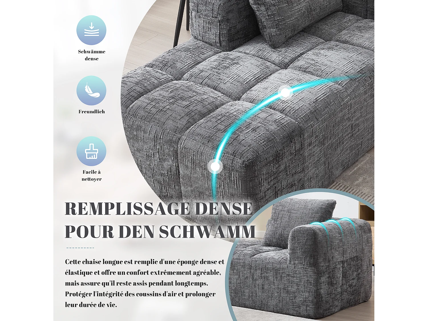 Canapé d'angle 1 places en chenille -  module d'angle - gris - avec poche de rangement latérale - Parfait pour Salon et Studio