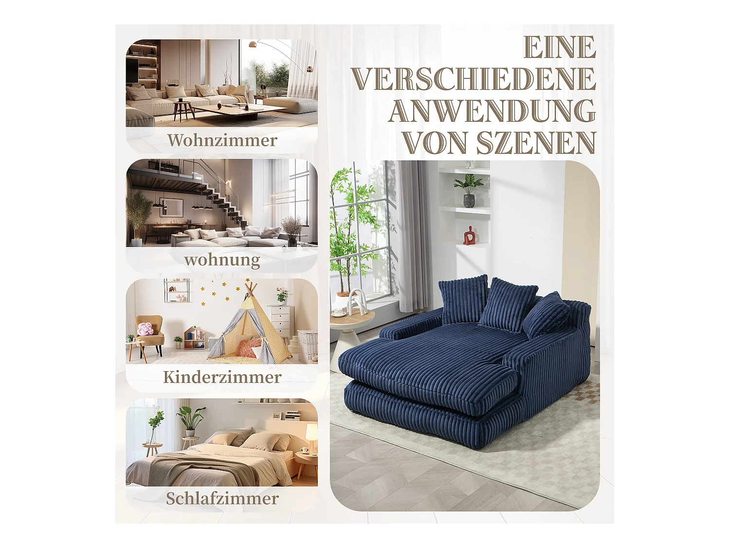 Canapé 2 places velours côtelé bleu - Double assise rembourrée pour confort maximal - Style rétro et accueillant