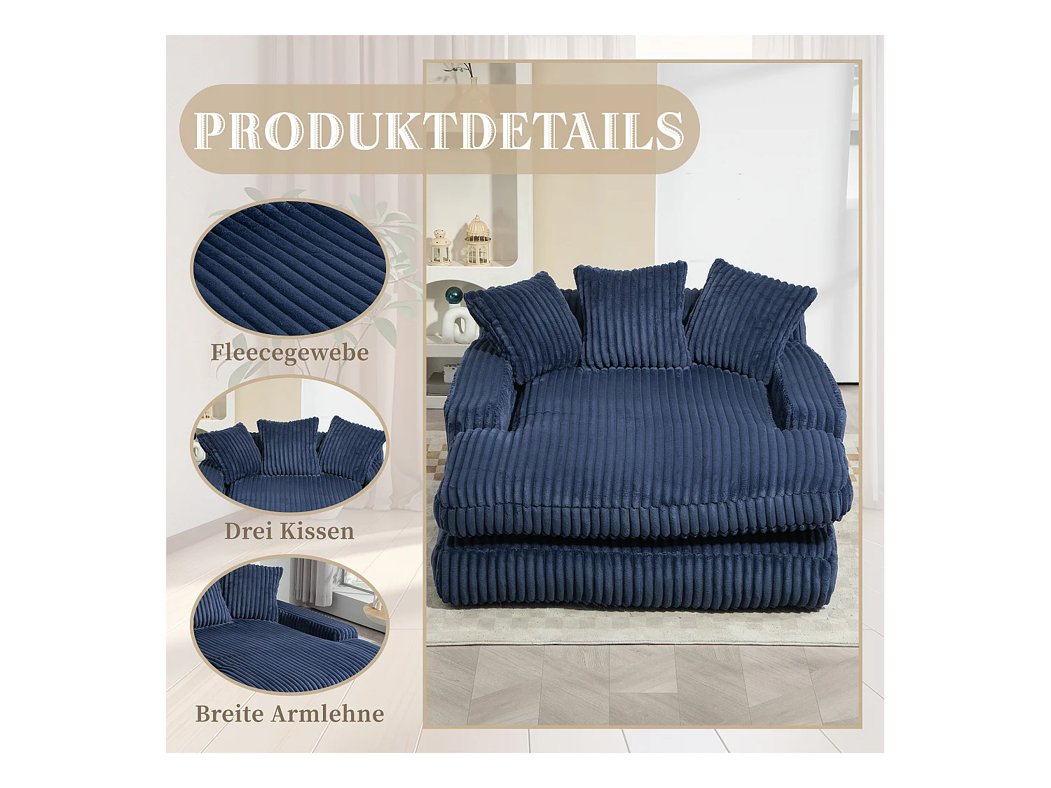 Canapé 2 places velours côtelé bleu - Double assise rembourrée pour confort maximal - Style rétro et accueillant