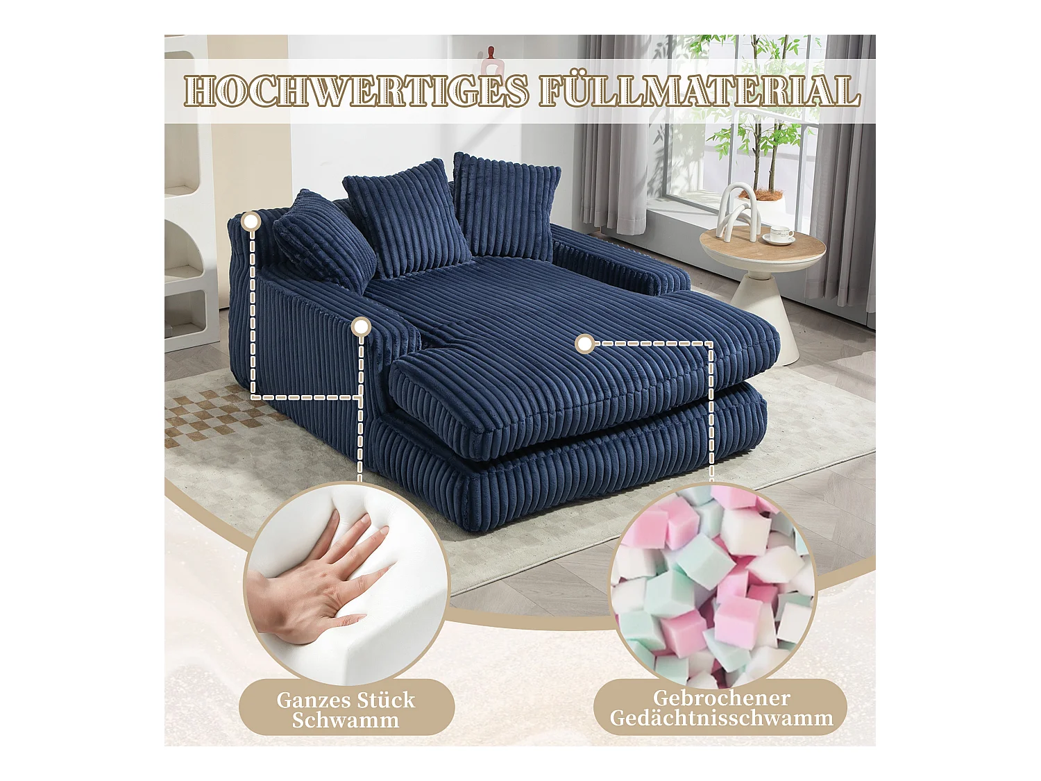 Canapé 2 places velours côtelé bleu - Double assise rembourrée pour confort maximal - Style rétro et accueillant