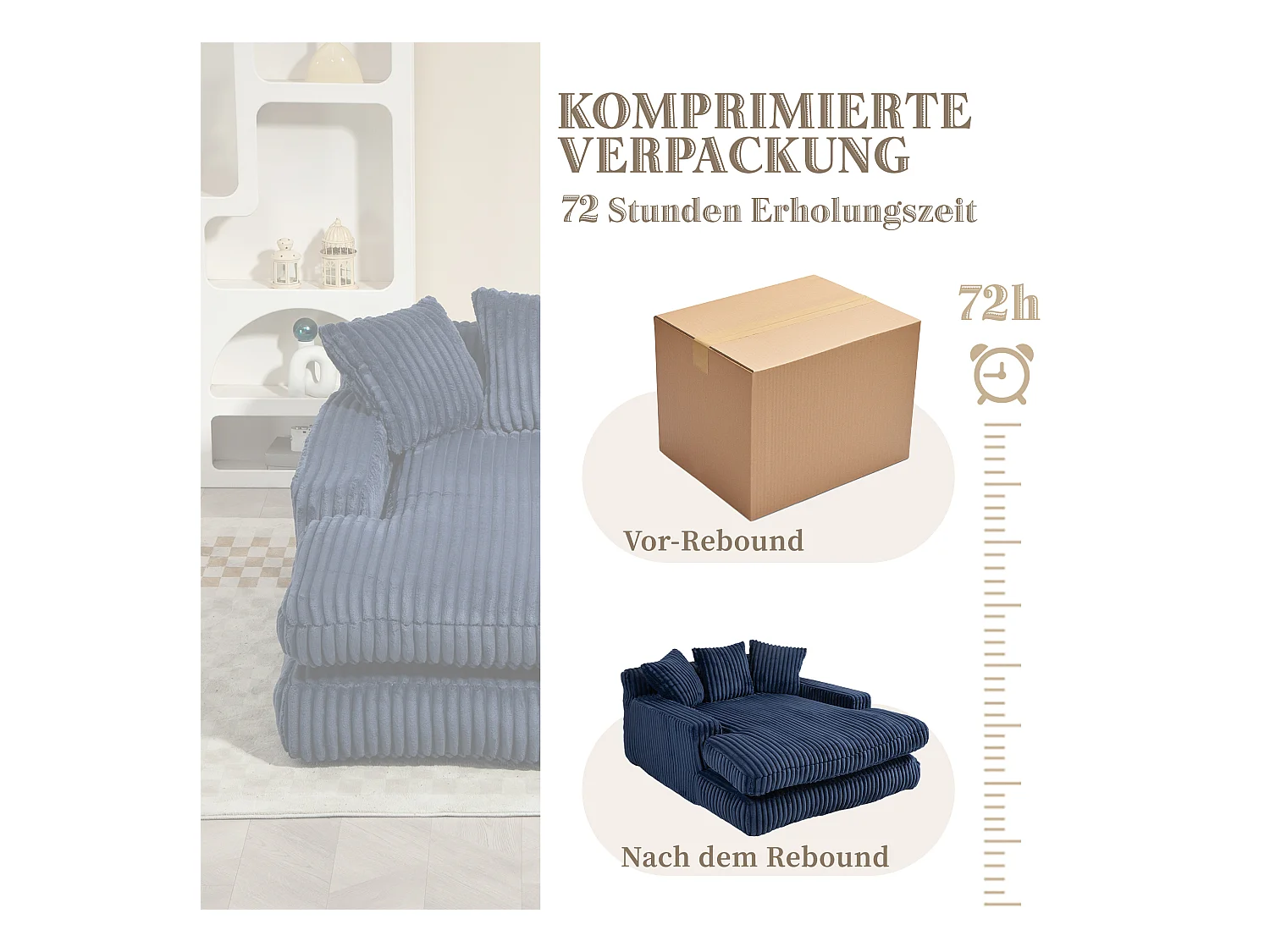 Canapé 2 places velours côtelé bleu - Double assise rembourrée pour confort maximal - Style rétro et accueillant