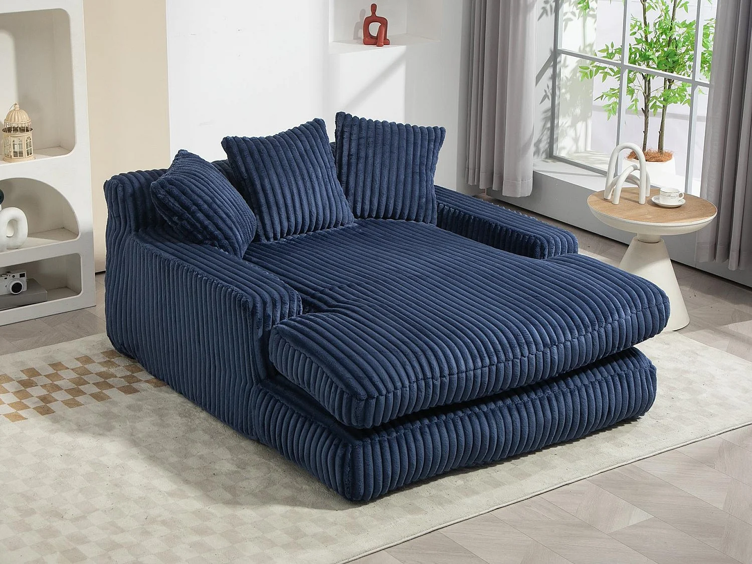 Canapé 2 places velours côtelé bleu - Double assise rembourrée pour confort maximal - Style rétro et accueillant