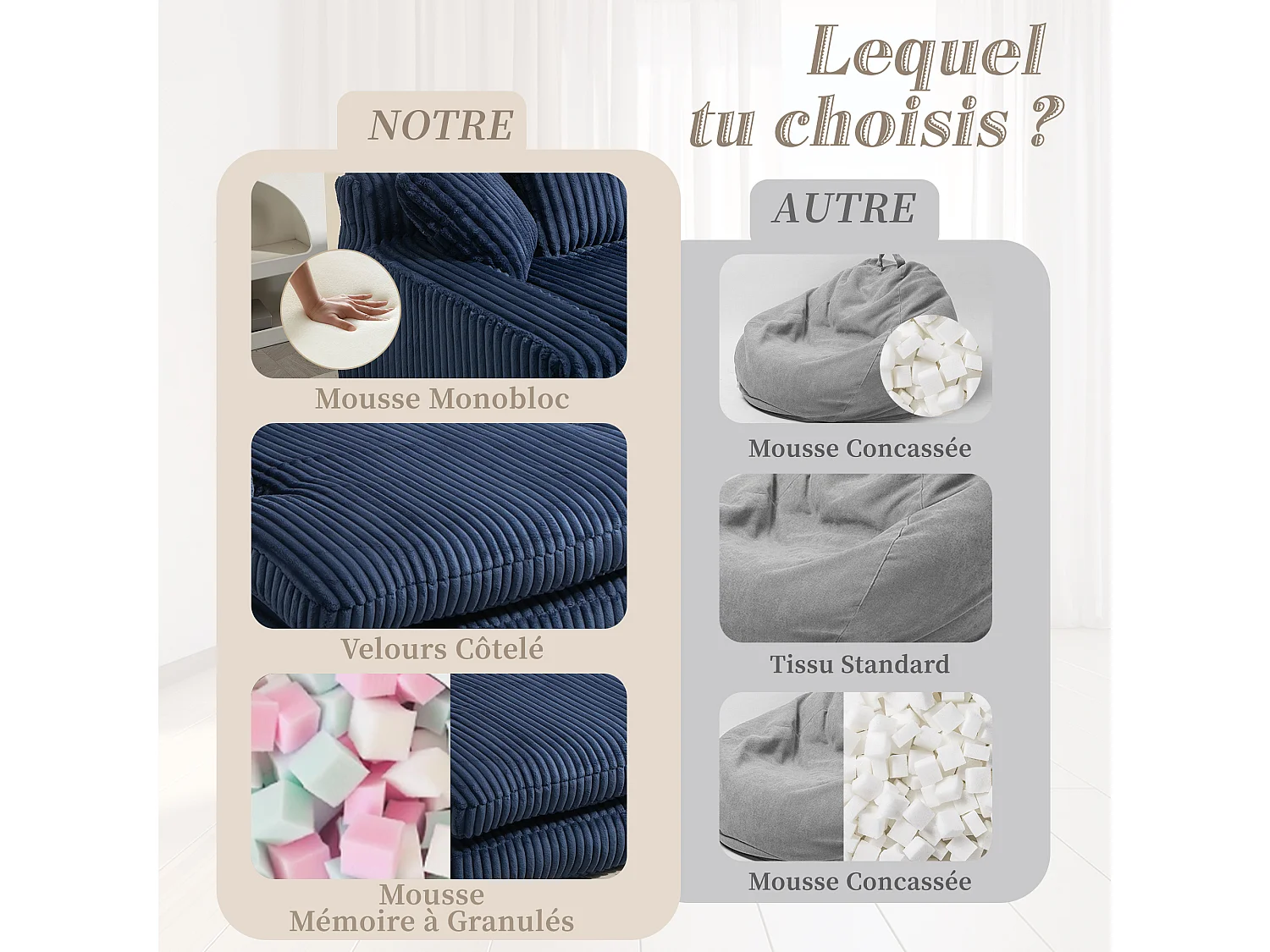 Canapé 2 places velours côtelé bleu - Double assise rembourrée pour confort maximal - Style rétro et accueillant