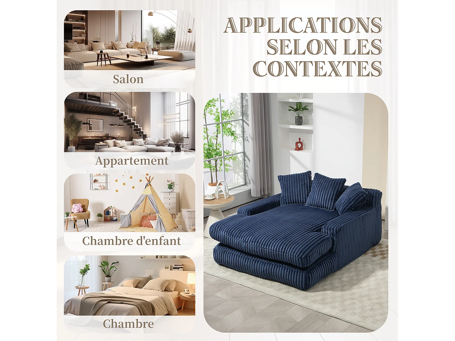 Canapé 2 places velours côtelé bleu - Double assise rembourrée pour confort maximal - Style rétro et accueillant