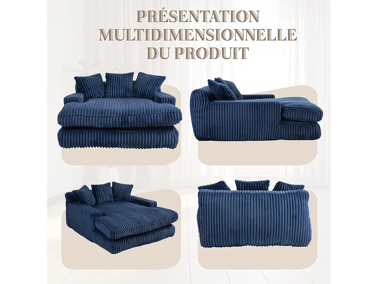 2-zits corduroy bank – dubbellaags & ultra-lage zitting – met 3 kussens – ideaal voor de woonkamer - 125x155x63cm