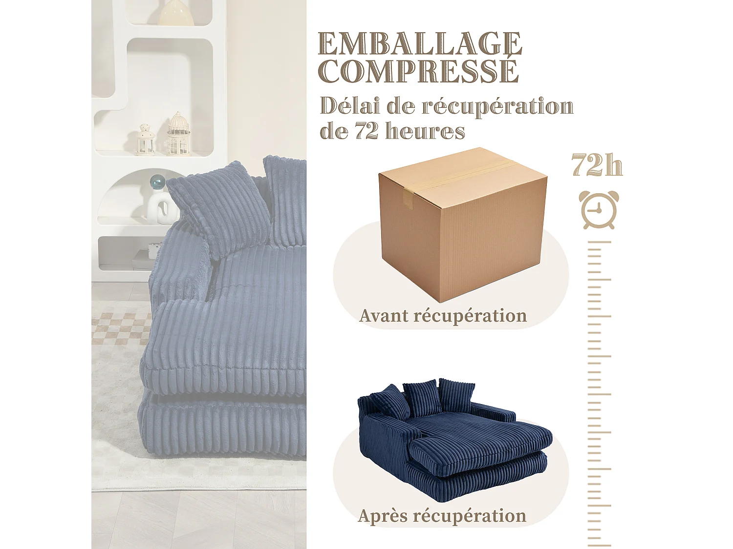 2-zits corduroy bank – dubbellaags & ultra-lage zitting – met 3 kussens – ideaal voor de woonkamer - 125x155x63cm
