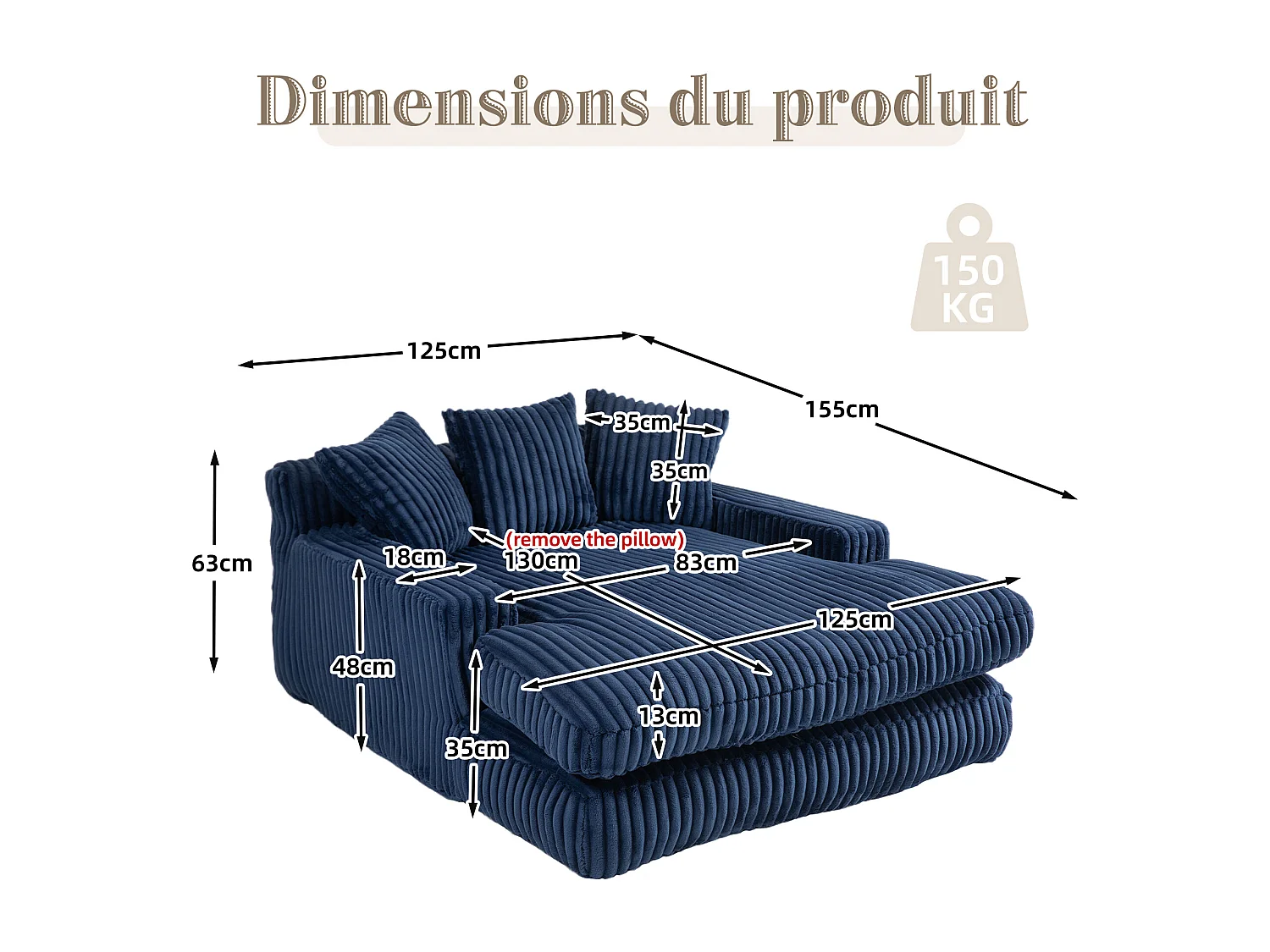2-zits corduroy bank – dubbellaags & ultra-lage zitting – met 3 kussens – ideaal voor de woonkamer - 125x155x63cm