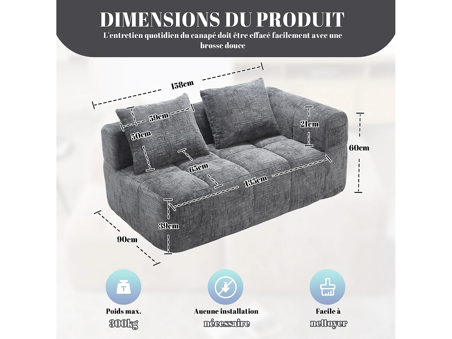 Canapé d'angle 2 places en chenille -  module d'angle - avec poche de rangement latérale -  Gris - Parfait pour Salon et Studio