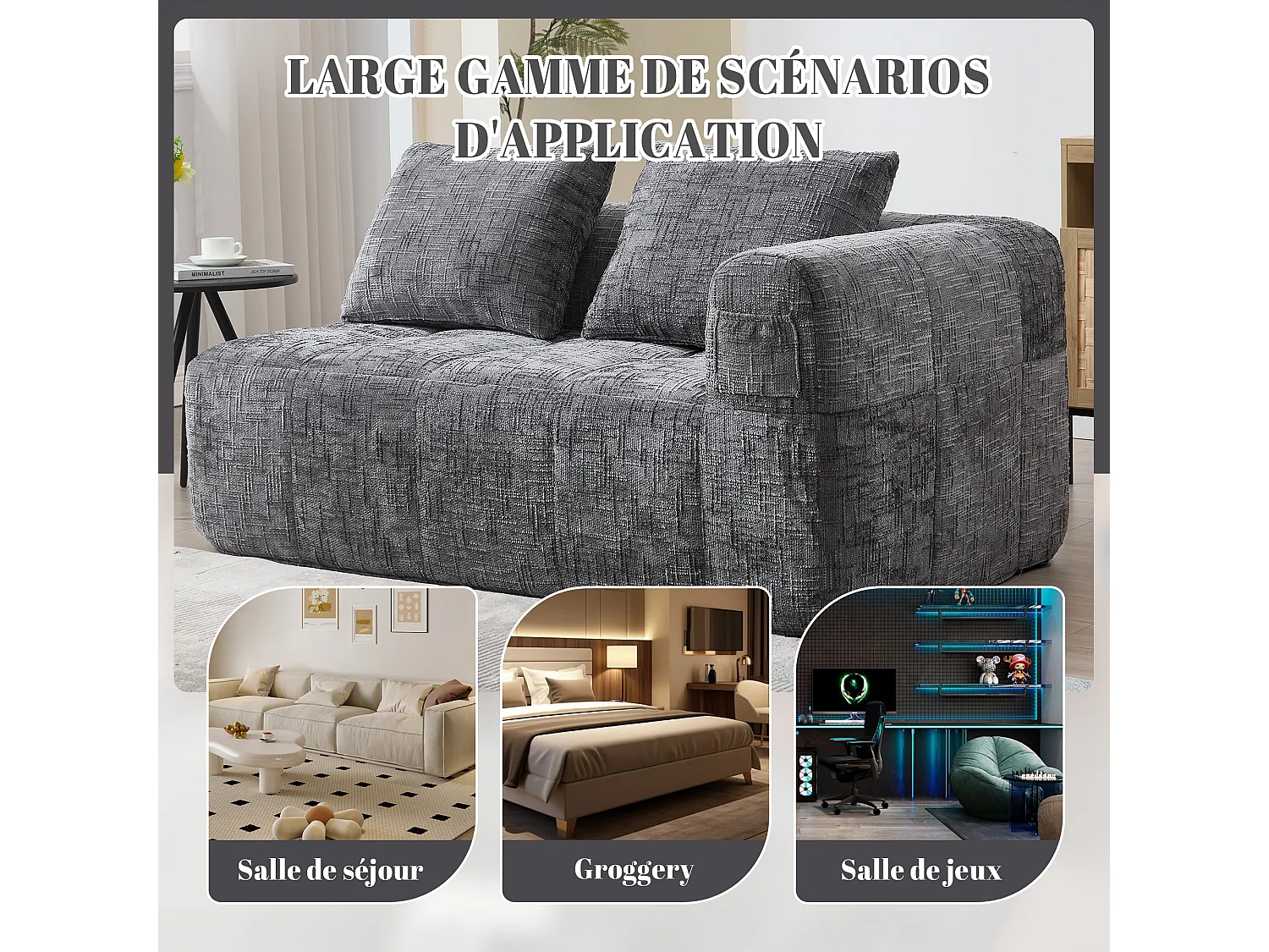 Canapé d'angle 2 places en chenille -  module d'angle - avec poche de rangement latérale -  Gris - Parfait pour Salon et Studio