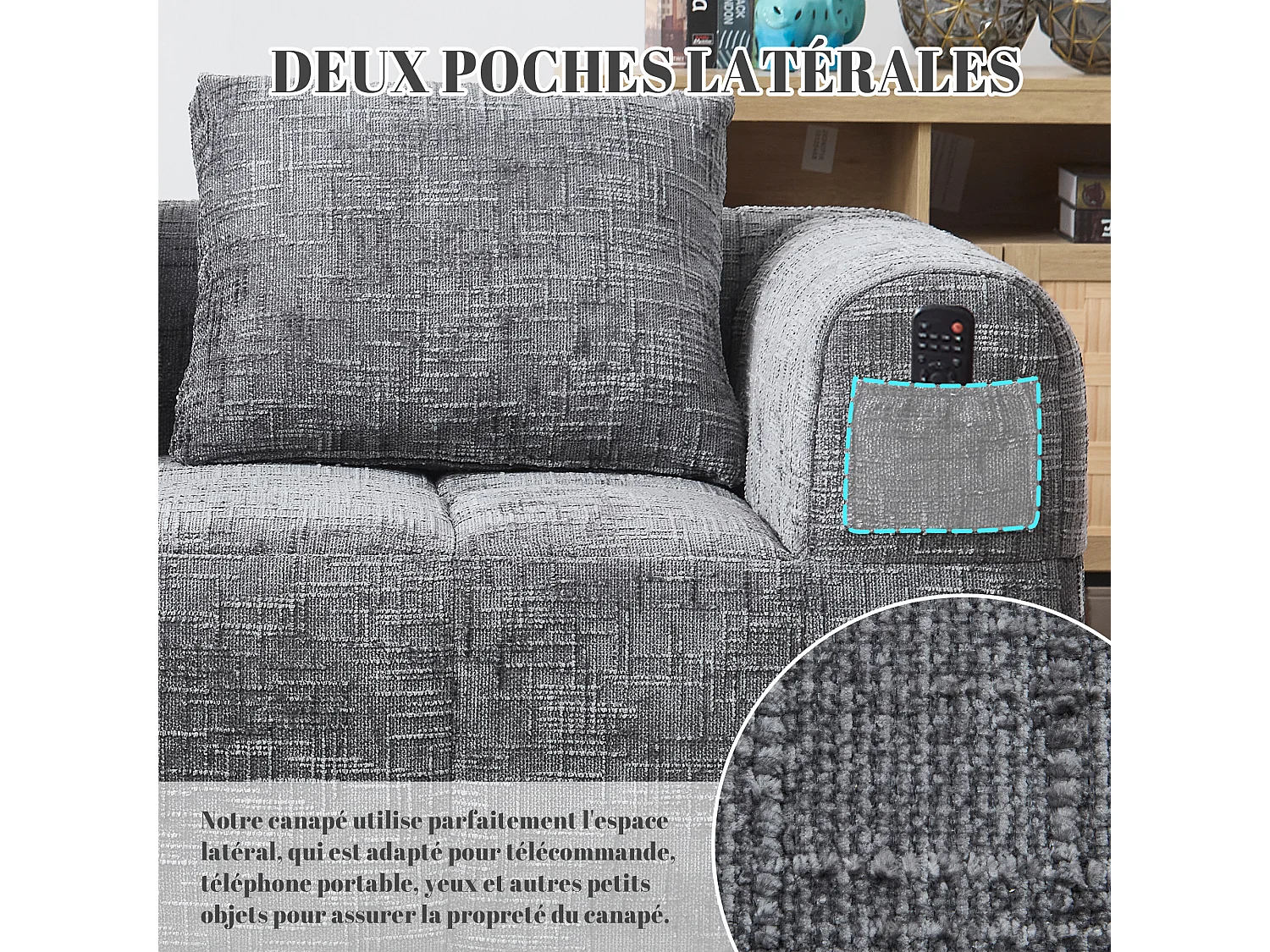 Canapé d'angle 2 places en chenille -  module d'angle - avec poche de rangement latérale -  Gris - Parfait pour Salon et Studio
