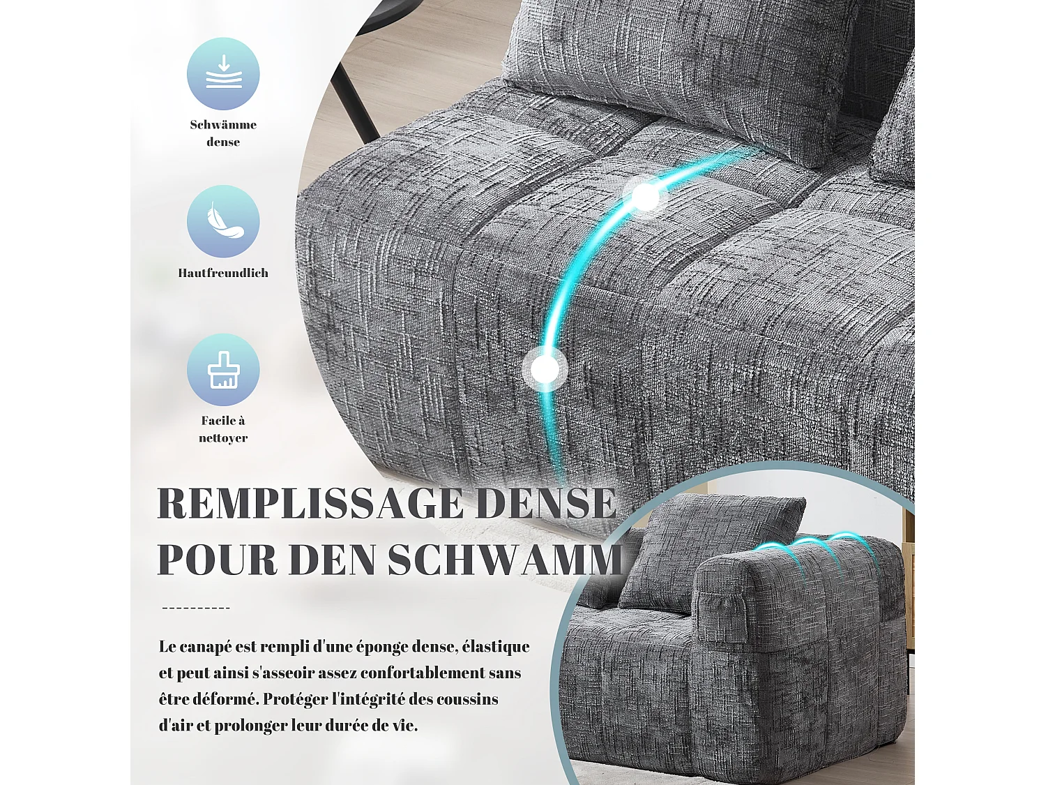 Canapé d'angle 2 places en chenille -  module d'angle - avec poche de rangement latérale -  Gris - Parfait pour Salon et Studio