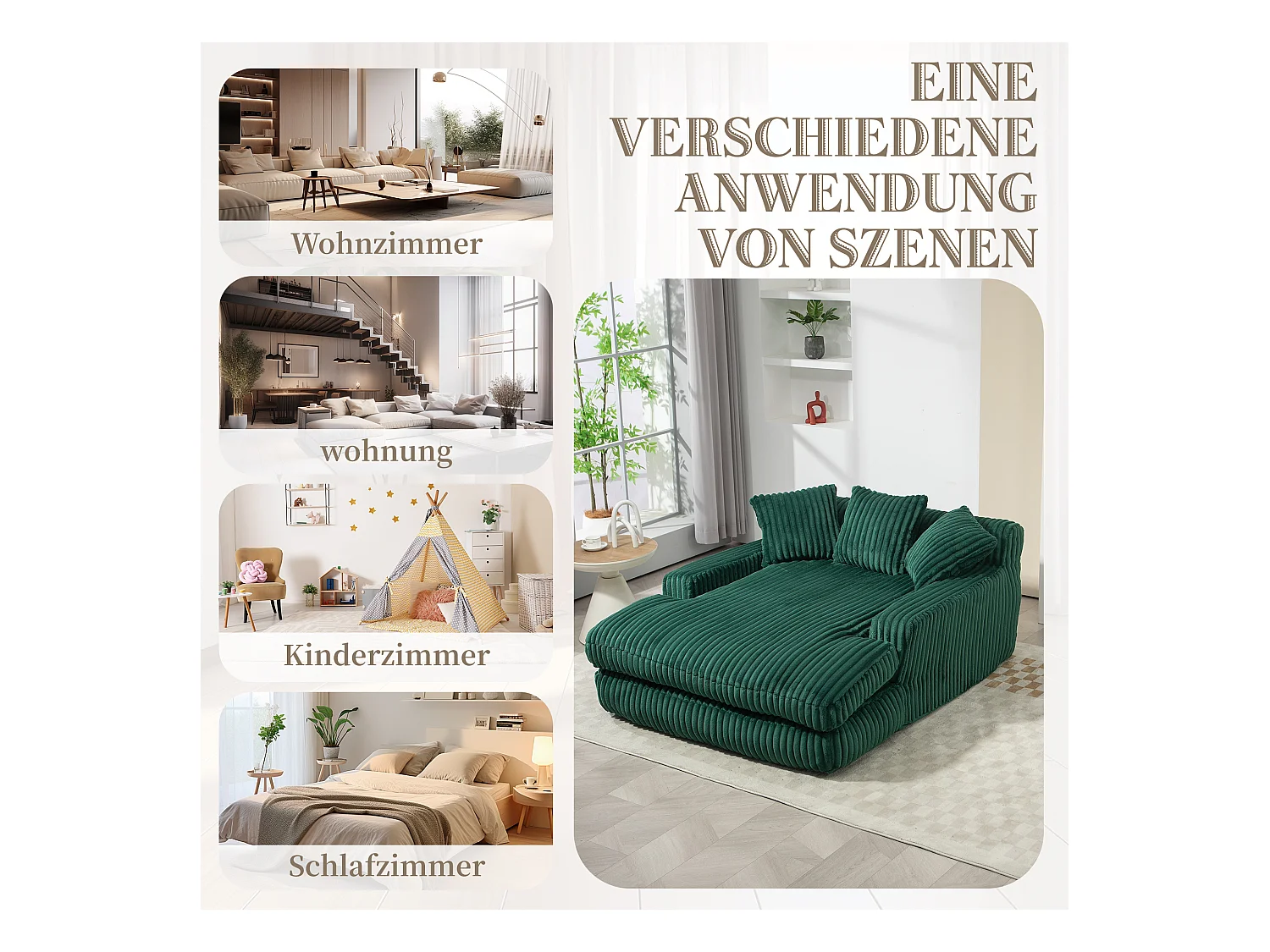 Canapé 2 places velours côtelé vert - Double assise rembourrée pour confort maximal - Style rétro et accueillant