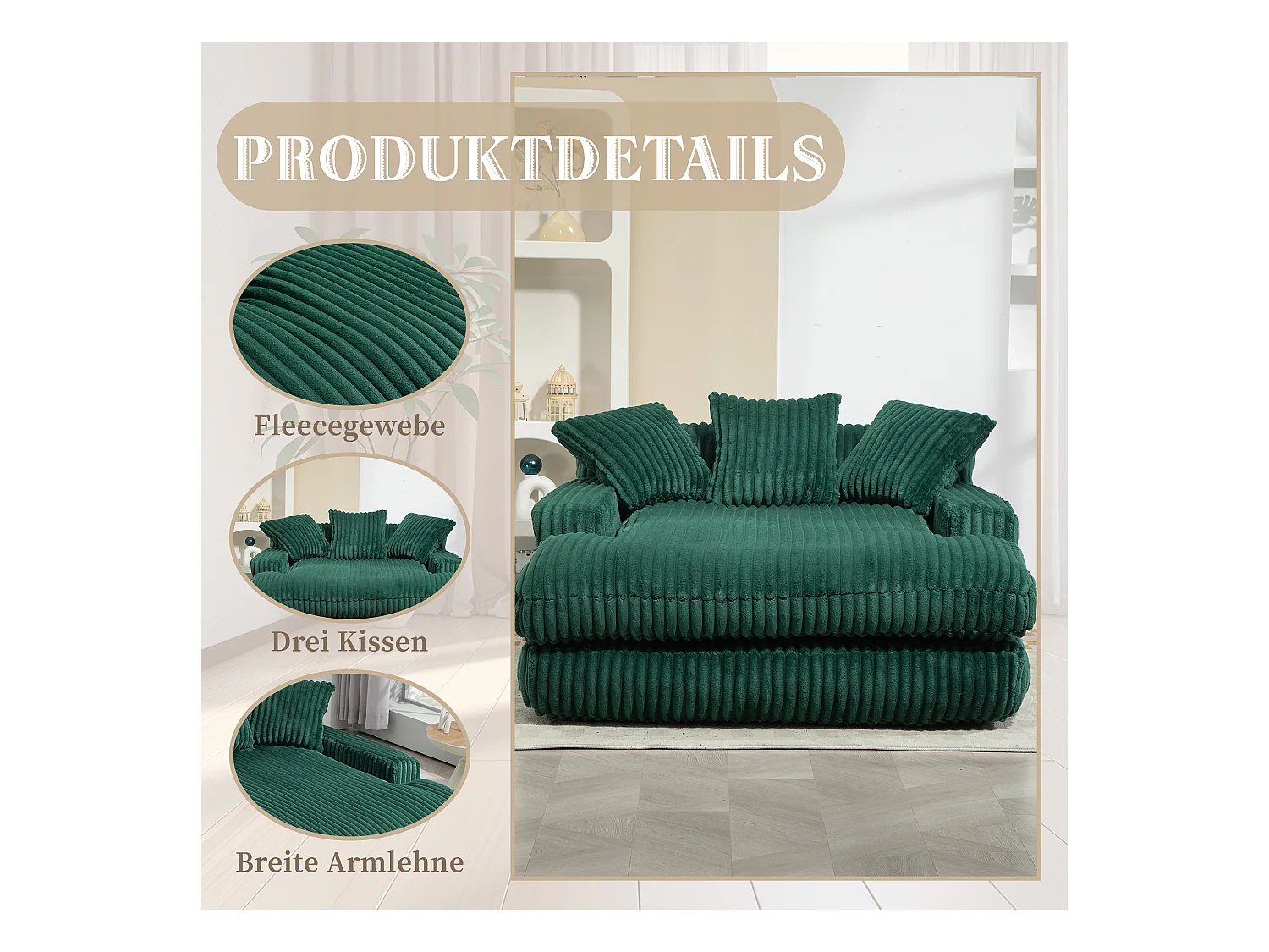 Canapé 2 places velours côtelé vert - Double assise rembourrée pour confort maximal - Style rétro et accueillant