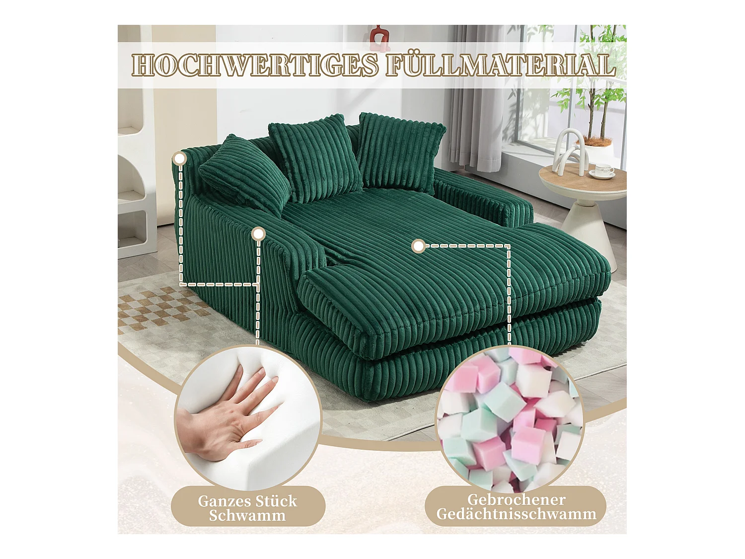 Canapé 2 places velours côtelé vert - Double assise rembourrée pour confort maximal - Style rétro et accueillant