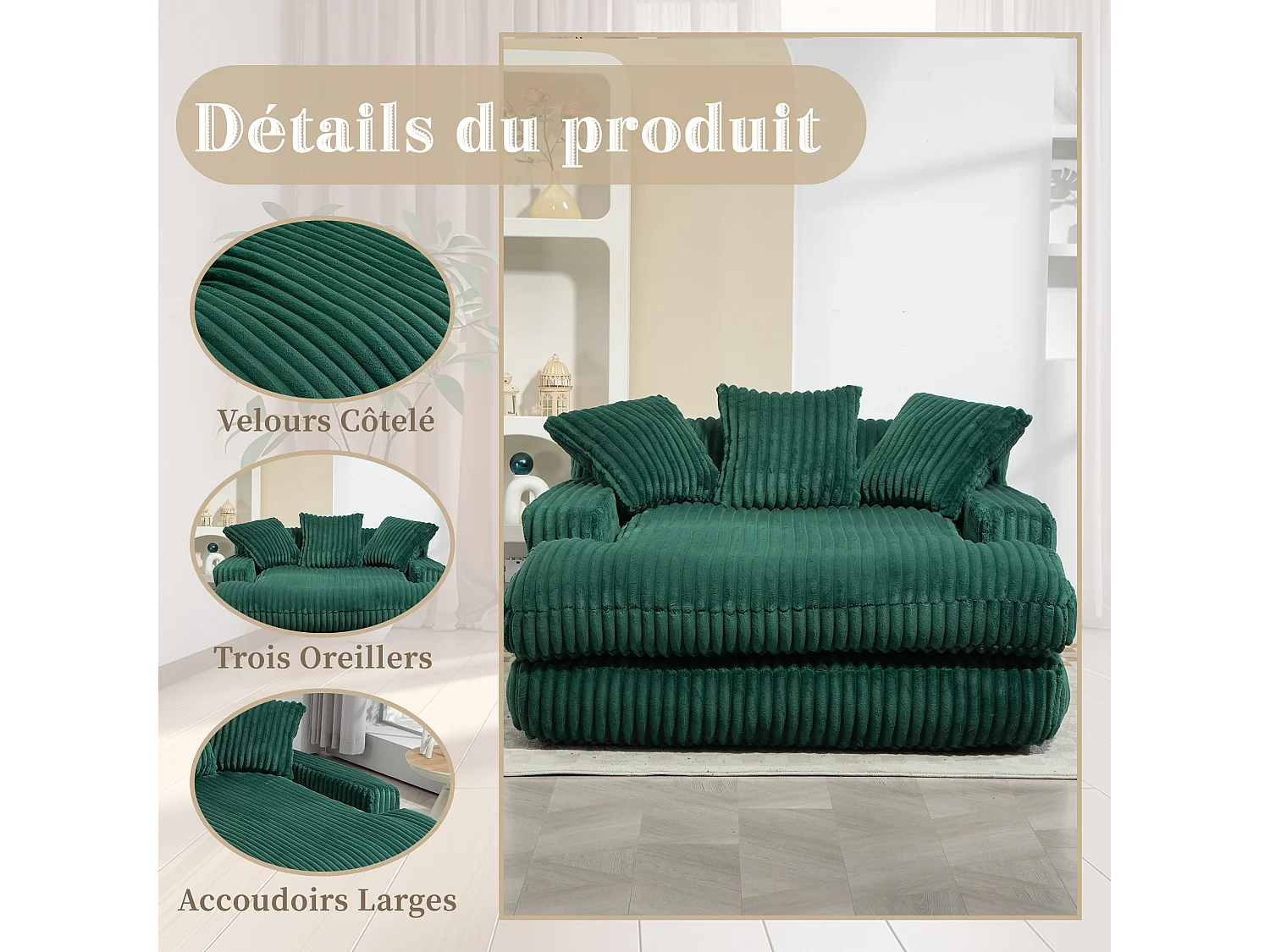 Canapé 2 places velours côtelé vert - Double assise rembourrée pour confort maximal - Style rétro et accueillant