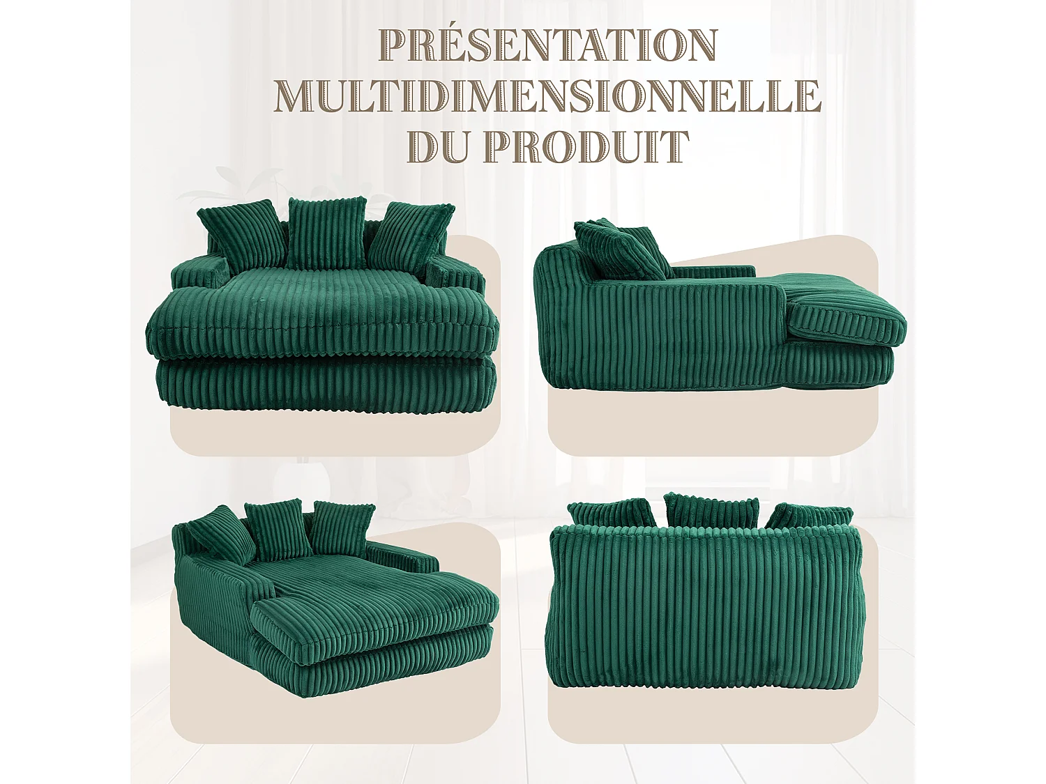 Canapé 2 places velours côtelé vert - Double assise rembourrée pour confort maximal - Style rétro et accueillant