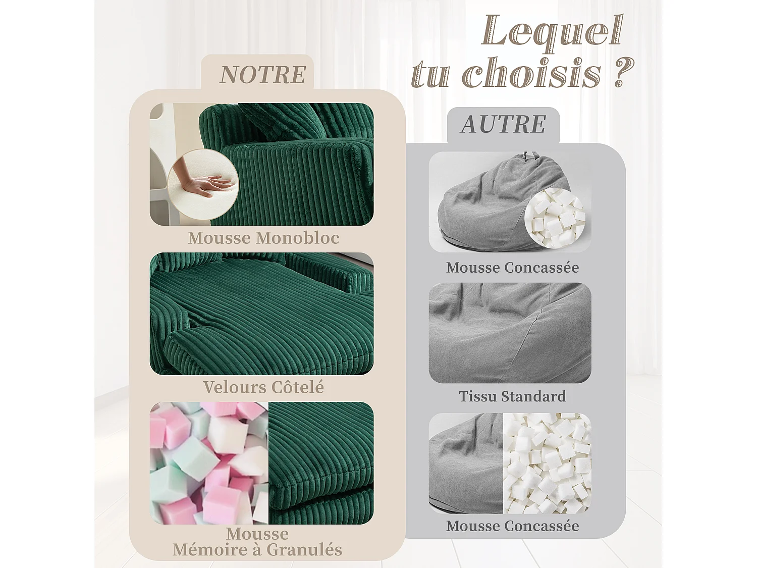 Canapé 2 places velours côtelé vert - Double assise rembourrée pour confort maximal - Style rétro et accueillant