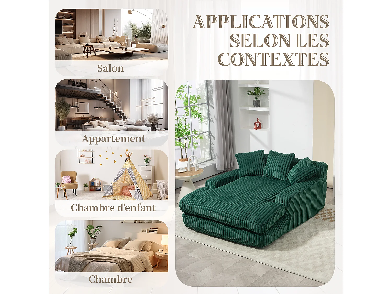 Canapé 2 places velours côtelé vert - Double assise rembourrée pour confort maximal - Style rétro et accueillant