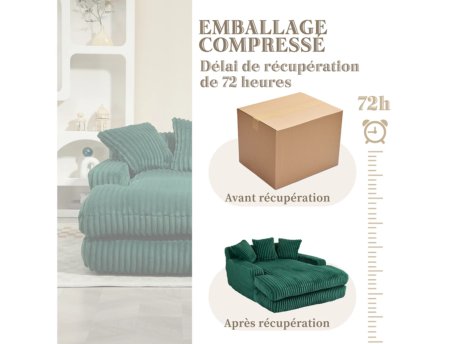 Canapé 2 places velours côtelé vert - Double assise rembourrée pour confort maximal - Style rétro et accueillant